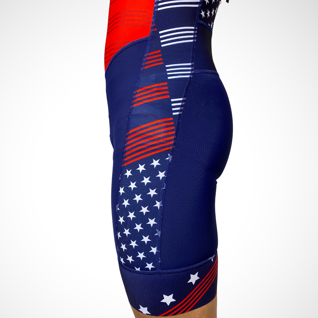Trisuit USA - triathlon suit color usa - swim bike run triathlete short distance kiwami sports
