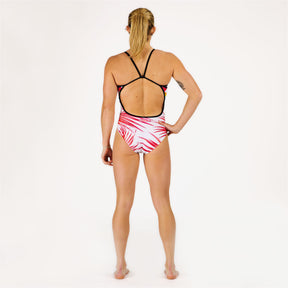 Performance swimwear made to last, made ethically from high performance materials, chlorine resistant. Kiwami Sports triathlon swim bike run triathletes. one-piece swimsuit, very feminine and modern with vivid colors.