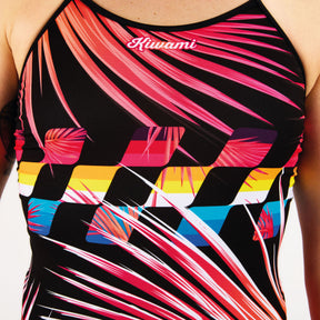 Performance swimwear made to last, made ethically from high performance materials, chlorine resistant. Kiwami Sports triathlon swim bike run triathletes. one-piece swimsuit, very feminine and modern with vivid colors.
